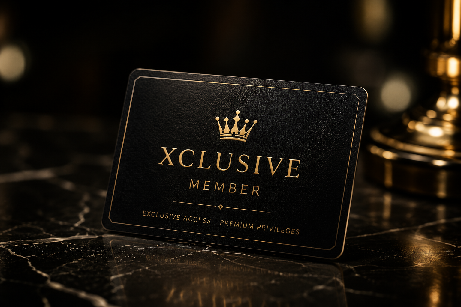 Schwarze Xclusive Member Karte mit goldenem Schrtzug und Krone auf einem schwarzen Marmor Tisch