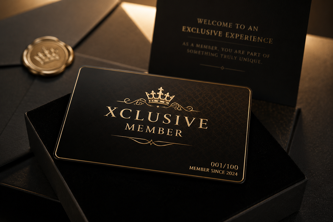 Schwarze Xclusive Member Karte mit goldenem Schriftzug und Eintrittsdatum auf einem schwarzen Briefumschlag mit goldenem Siegel liegend