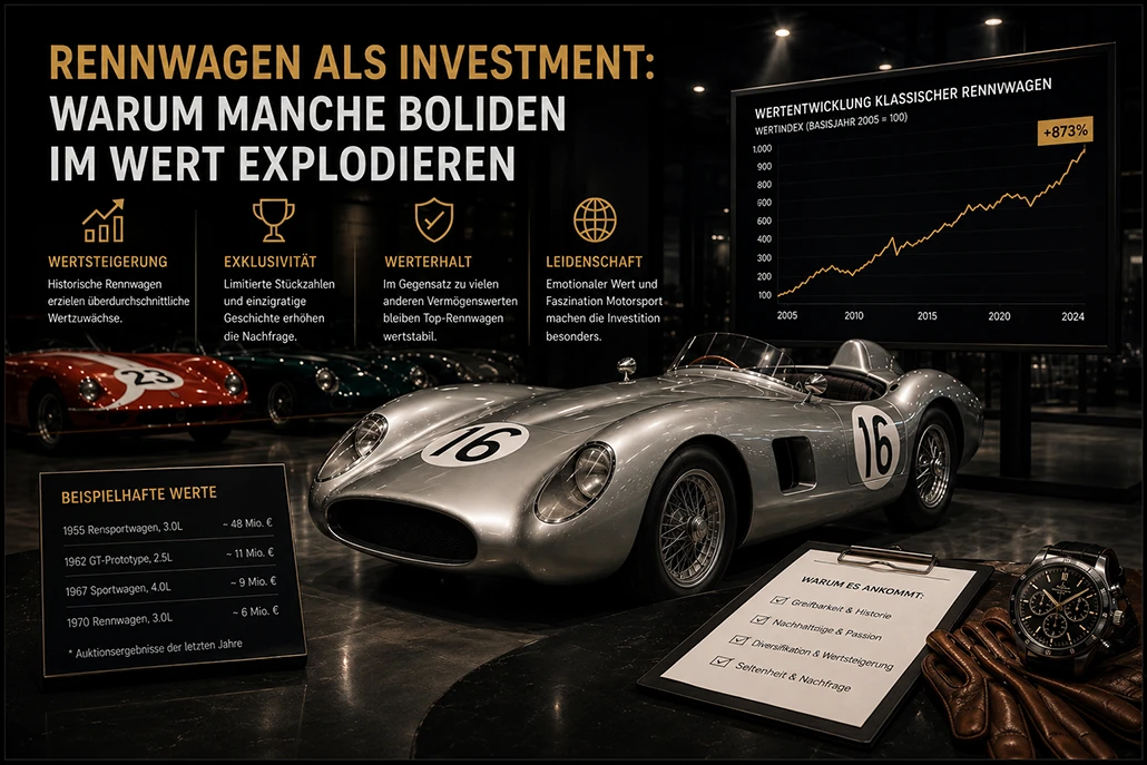 Grauer Rennwagen vor Preischart umgeben von Schrift